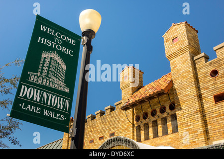 Lake Wales Florida,historic downtown district,Rhodesbilt Arcade,banner,visitors travel traveling tour tourist tourism landmark landmarks,culture cultu Stock Photo