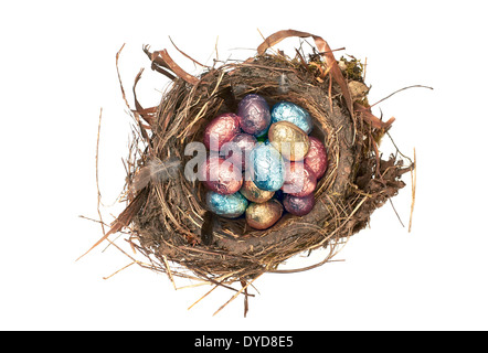 Easter eggs In a real birds nest on a white background. Stock Photo
