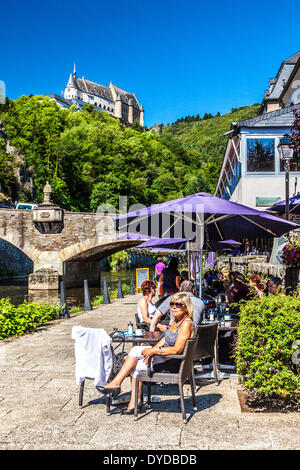 View of the castle at Vianden in Luxembourg from the river Our below. Stock Photo
