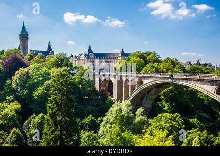 View of Adolphe Bridge looking towards the Place de Metz with the State Savings Bank on the left in Luxembourg City. Stock Photo