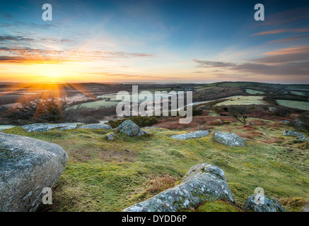 Spring sunrise at Helman Tor near Bodmin in Cornwall Stock Photo