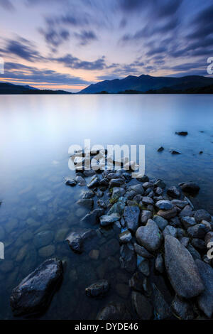 Sunset from the shores of Derwent Water near Ashness Jetty in the Lake District. Stock Photo