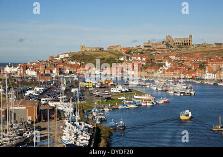 Looking along River Esk towards the harbour at Whitby. Stock Photo