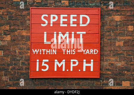 Old British Railways vehicle speed limit yard sign at the National Railway Museum. Stock Photo