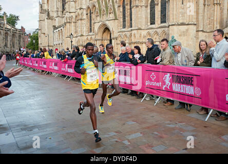 Elite Kenyan athletes John Mutai and John Kales run past York Minster in the first Plusnet Yorkshire Marathon. Stock Photo