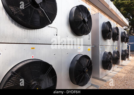 Exterior mounted air conditioning units on a computer server building. Stock Photo