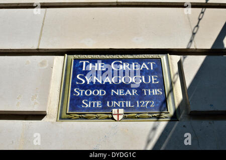 Blue plaque marking the site of The Great Synagogue on Old Jewry. Stock Photo