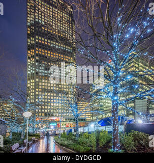 Canary Wharf in winter at dusk. Stock Photo