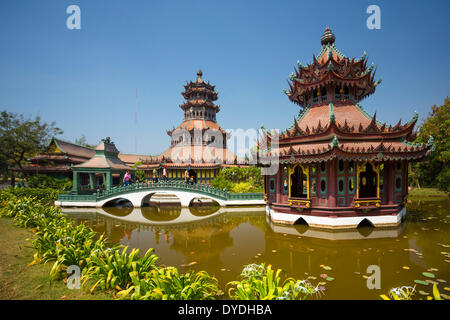 Thailand, Asia, Bangkok, Ancient, Siam Park, The Phra Kaew, architecture, bridge, culture, park, pavilion, pond Stock Photo