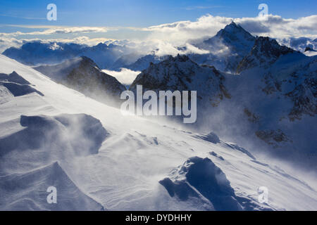 Gradations Alps view Titlis mountain mountain panorama mountains Grisons Alps mist haze Fleckistock mountains sky massif fo Stock Photo