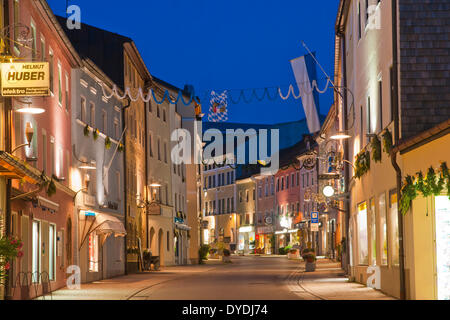 Bavaria Germany Europe Upper Bavaria Berchtesgaden area Teisendorf Rupertiwinkel street night illumination Marktstrasse houses, Stock Photo