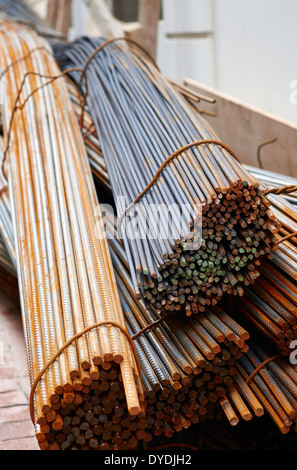 A pile of steel rods for reinforced concrete for use in the construction industry. Stock Photo