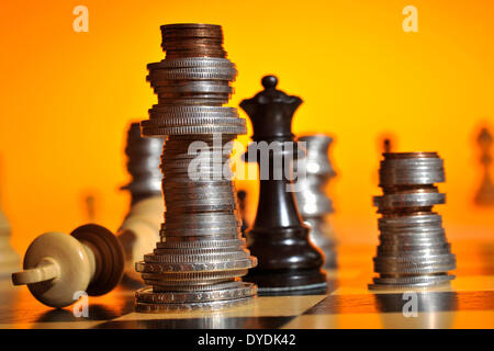 Chess, Check, chess pieces, play, game, strategy, money, coins, Swiss francs, finance place, finances, economy, economics, Stock Photo