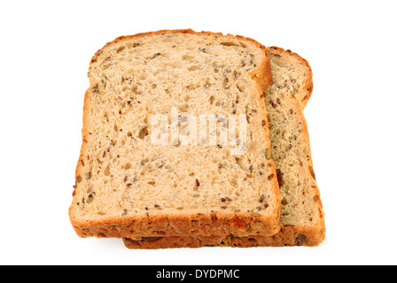 Two slices of wholemeal seeded brown bread on white background Stock Photo