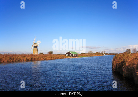 A view of the River Thurne on the Norfolk Broads at Thurne, Norfolk, England, United Kingdom. Stock Photo