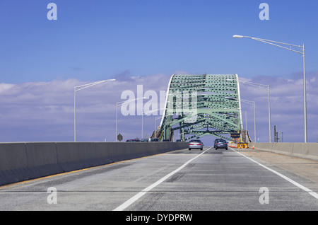 Road Approaching Bridge, Drivers Perspective, New Jersey USA Stock Photo