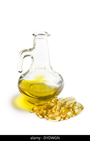 Cod liver oil. Gel capsules on white background Stock Photo