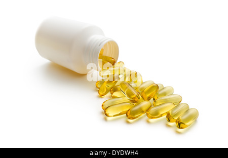 Cod liver oil. Gel capsules on white background Stock Photo