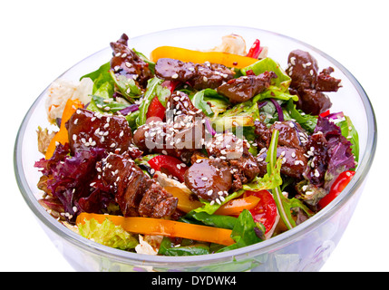 Warm salad with chicken liver on white background Stock Photo