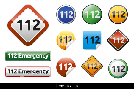 Emergency call 112 isolated button, sign set - collection. Stock Photo