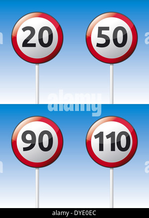 Speed limit traffic sign road board with reflection and background. Stock Photo