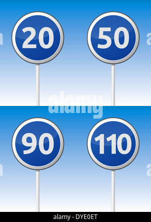 Speed limit traffic sign road board with reflection and background. Stock Photo