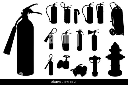 12 Fire extinguisher, hydrants and other accessories silhouette Stock Photo