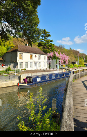 Blue Narrow boat exiting Marsh Lock on the River Thames, Henley-on-Thames, Oxfordshire, England showing the lock keepers house in spring. Stock Photo