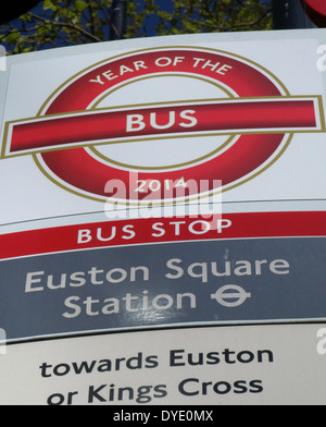 'Year of the Bus' sign on London bus stop Stock Photo