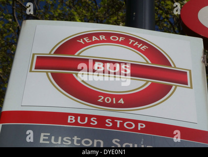 'Year of the Bus' sign on London bus stop Stock Photo