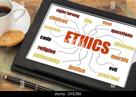 ethics word cloud or mind map on a digital tablet with a cup of coffee Stock Photo