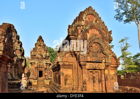 The North tower of the central sanctuary cluster of Banteay Srei ,known for its intricacy of the bas relief carvings on walls, Cambodia,Southeast Asia Stock Photo