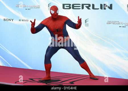 BERLIN, GERMANY, 15th April, 2014. Spider-Man attends the 'The Amazing Spider-Man 2' Premiere in Sony Centre, Potsdamer Platz on April 15th, 2014 in Berlin, Germany. Credit:  Janne Tervonen/Alamy Live News Stock Photo
