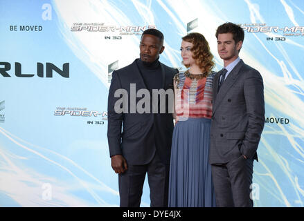 BERLIN, GERMANY, 15th April, 2014. Jamie Foxx, Emma Stone and Andrew Garfield attends the 'The Amazing Spider-Man 2' Premiere in Sony Centre, Potsdamer Platz on April 15th, 2014 in Berlin, Germany. Credit:  Janne Tervonen/Alamy Live News Stock Photo