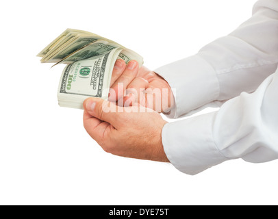 hands of businessman holding and counting money isolated on white background Stock Photo