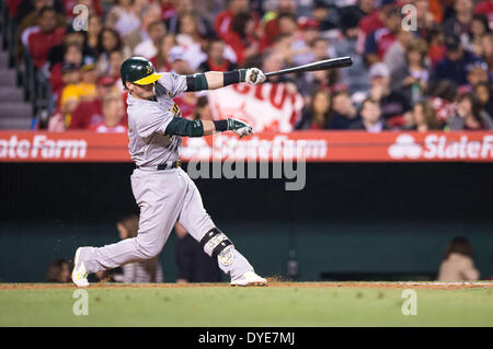Anaheim, CA, USA. 15th Apr, 2014. April 15, 2014 - Anaheim, CA, United States of America - Oakland Athletics third baseman Josh Donaldson (20) bats wearing jersey #42 in honor of Hank Aaron during the MLB game between Oakland Athletics and Los Angeles Angels at the Angels Stadium in Anaheim, CA. Credit:  csm/Alamy Live News Stock Photo