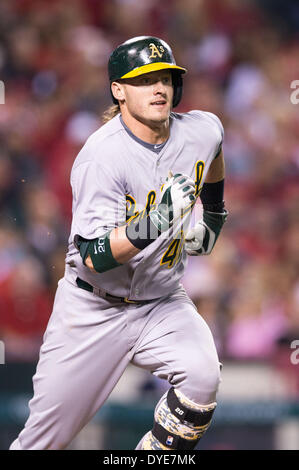 Anaheim, CA, USA. 15th Apr, 2014. April 15, 2014 - Anaheim, CA, United States of America - Oakland Athletics third baseman Josh Donaldson (20) in action wearing jersey #42 in honor of Hank Aaron during the MLB game between Oakland Athletics and Los Angeles Angels at the Angels Stadium in Anaheim, CA. Credit:  csm/Alamy Live News Stock Photo