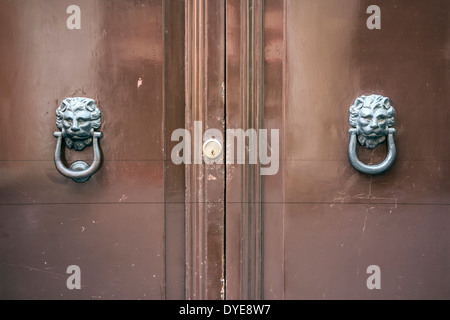 Old door with lion head knocker Stock Photo