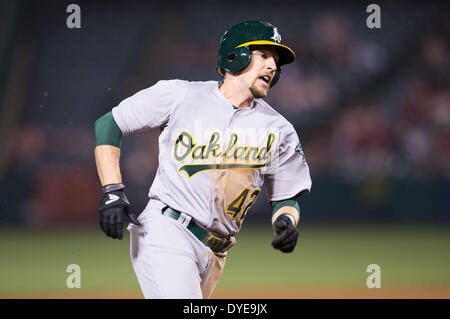 Anaheim, CA, USA. 15th Apr, 2014. April 15, 2014 - Anaheim, CA, United States of America - Oakland Athletics shortstop Jed Lowrie (8) in action wearing jersey #42 in honor of Hank Aaron during the MLB game between Oakland Athletics and Los Angeles Angels at the Angels Stadium in Anaheim, CA. Sthletics defeated Angels in the bottom of 11th inning 10-9. Credit:  csm/Alamy Live News Stock Photo
