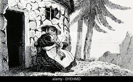 A Shetland crofter knitting woollen stockings as she sits outside her cottage door. Engraving published at Ongar, 1823.