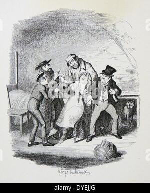 Nancy recovering from a faint. Charley Bates uses bellows to give her air, while Fagin and the Artful Dodger hold her hands. Bill Skyes and his dog look on. George Cruikshank illustration for ''Oliver Twist'', Stock Photo