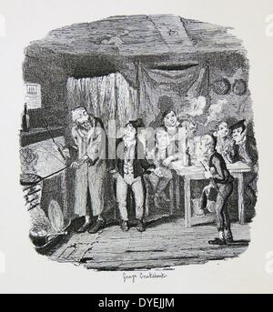 The Artful Dodger introducing Oliver to Fagin  and the boys in the thieves' kitchen. George Cruikshank illustration for ''Oliver Twist'', Stock Photo