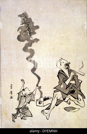 Tobae mitate ryugen sennin. Translation: Toba-e correspondence of a Chinese sage. By Utagawa, 1773?-1829?, Japanese artist. Published: [between 1804 and 1818. print : woodcut showing a man smoking a cigarette in a long holder, and a dragon ascending in a plume of smoke coming from a box on the ground next to him; a child(?) gestures toward the dragon. . Stock Photo