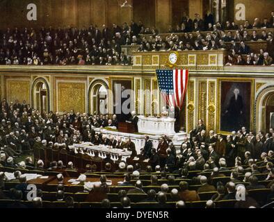 American president, Woodrow Wilson asking Congress to declare war on Germany, in 1917. Stock Photo