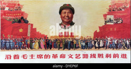 Chinese cultural revolution era poster showing Chairman Mao above an adoring crowd of red guards soldiers and workers Stock Photo