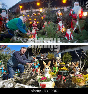 COMBO - A two-part composite photo shows Gisela Liebsch and her husband Gerd Moerl standing amid Christmas decoration on 02 December 2013 and Easter decoration on 16 April 2014 in the garden in front of their house in Straupitz, Germany. The couple has been collecting Easter and Christmas figures for more than ten years. They claim to have more than 200 Easter and around 300 Christmas figures decorating the garden in front of their house. Credit:  dpa picture alliance/Ģ����ý Live News Stock Photo