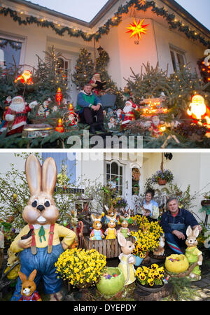 COMBO - A two-part composite photo shows Gisela Liebsch and her husband Gerd Moerl standing amid Christmas decoration on 02 December 2013 and Easter decoration on 16 April 2014 in the garden in front of their house in Straupitz, Germany. The couple has been collecting Easter and Christmas figures for more than ten years. They claim to have more than 200 Easter and around 300 Christmas figures decorating the garden in front of their house. Credit:  dpa picture alliance/Ģ����ý Live News Stock Photo