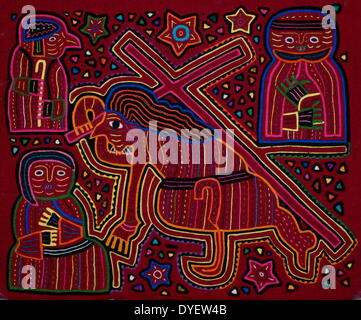 Mola textile by Kuna Indian artist, depicting a biblical scene. From the San Blas Archipelago, Panama.  Reverse applique design Stock Photo