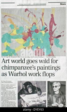 Newspaper article about the sale of three paintings by the chimpanzee 'Congo' at a Bonhams auction in London, 2005, They were sold for £14,400, Stock Photo