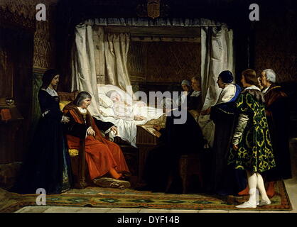 Painting of Queen Isabel la Católica laying on her bed, dictating her last Will and Testament by Eduardo Rosales. Oil on canvas, 1864. Stock Photo